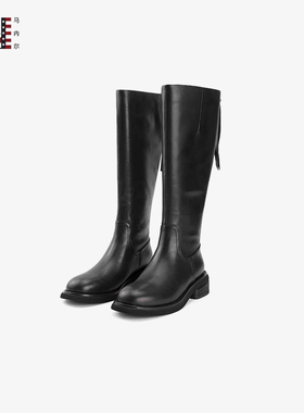 MARTNIEL/马内尔黑色长筒靴女秋冬粗跟高筒靴显瘦骑士靴时装靴