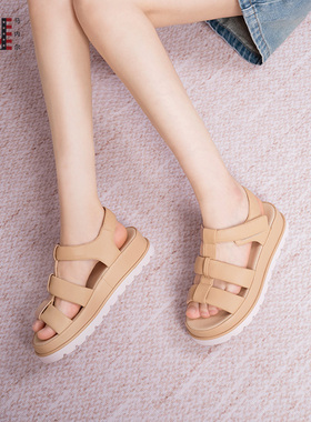 凉鞋女款2025夏新款马内尔不累脚厚底鞋真皮百搭坡跟配裙子猪笼鞋