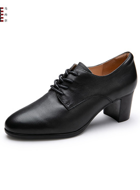 Martniel马内尔秋冬高跟粗跟单鞋真皮系带尖头职业女鞋G15391