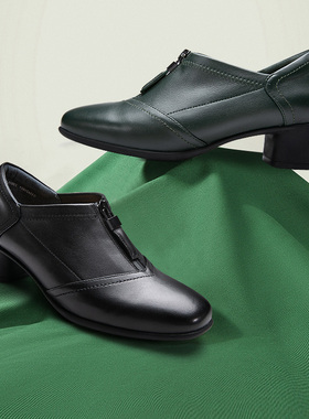 马内尔鞋子早春新款黑色粗跟防滑百搭软底妈妈上班小皮鞋女G15421