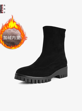 马内尔真皮短靴女秋冬新款黑色加绒保暖御寒休闲百搭瘦瘦靴G29114