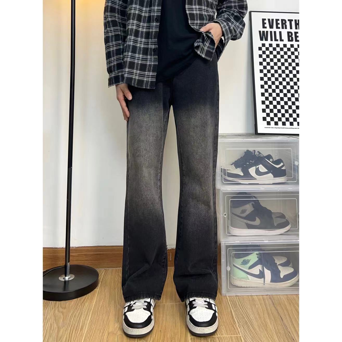 显高微喇牛仔裤渐变色水洗休闲宽松百搭裤子高街显高瘦男女喇叭裤