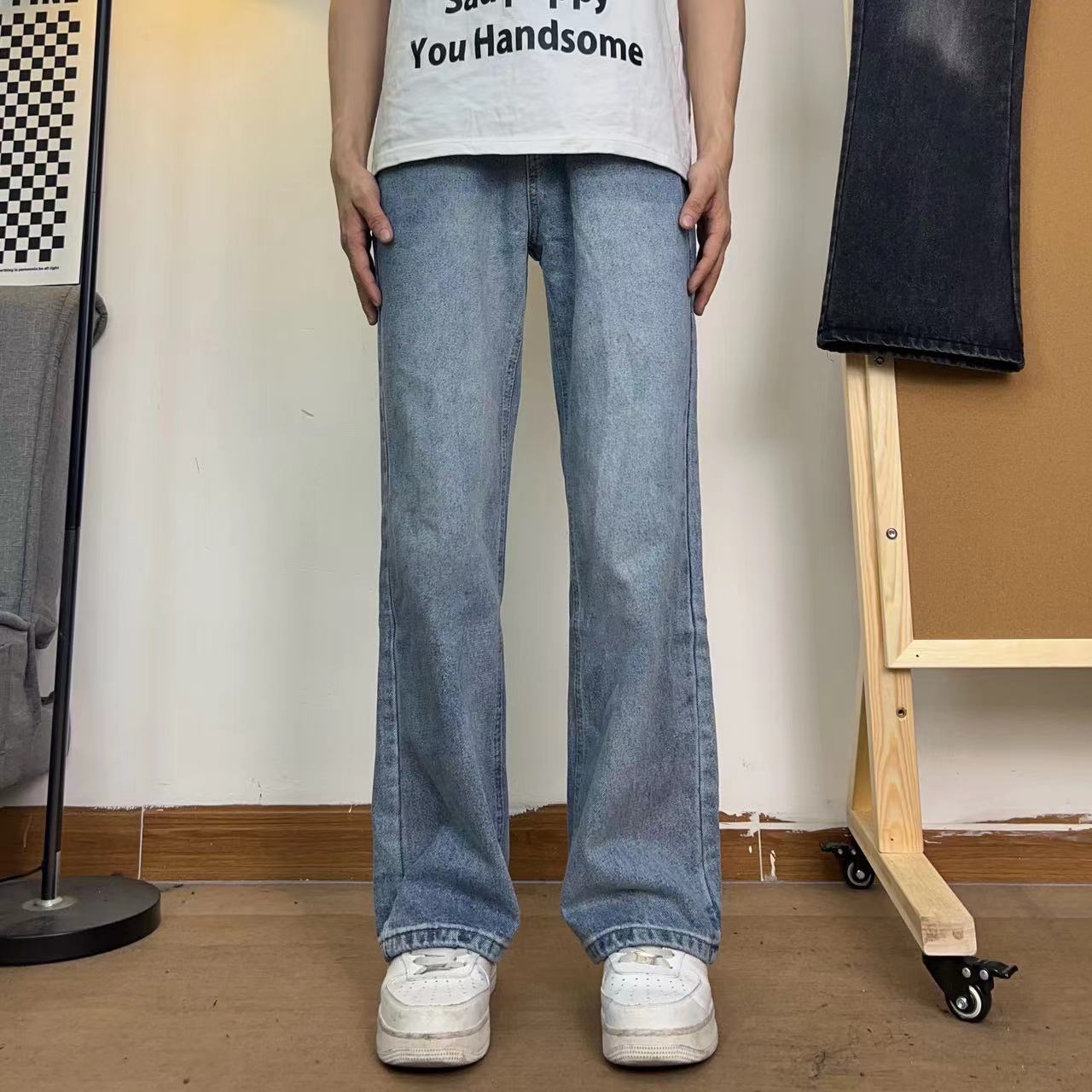 复古水洗美式牛仔裤高街男女微喇vintage百搭高街长裤流行中高腰