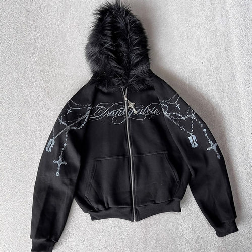 秋冬连帽衫宽松字母印花拉链卫衣男女可拆卸毛领衫Zipper jacket