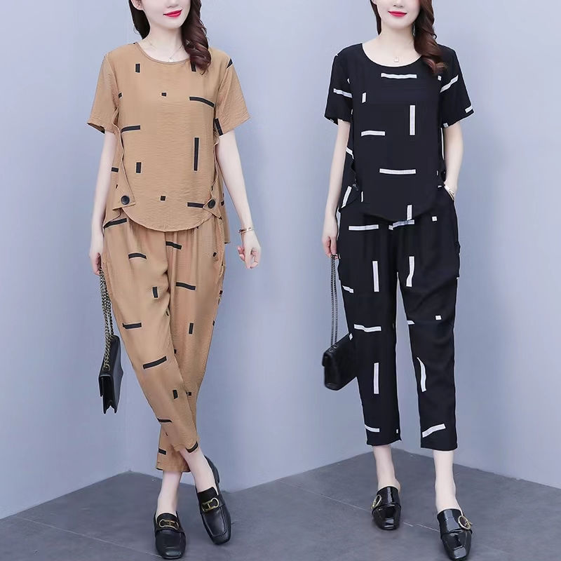 透气冰丝棉麻套装女2025新款夏装中老年妈妈休闲九分裤洋气两件套