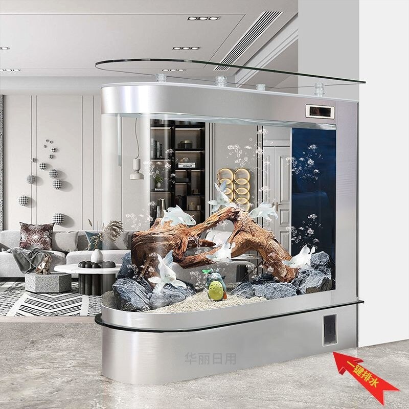 子弹头鱼缸客厅家用中型水族箱长1/1.2/1.5米生态落地屏风鱼缸