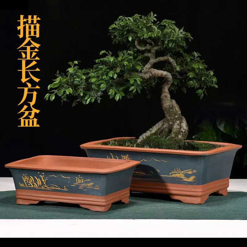 精宜兴紫砂花盆长方形陶瓷盆花卉绿植老桩盆客厅桌面古典手工盆