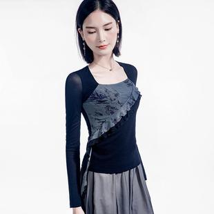 方领印花拼接木耳边跳舞上衣女2025春季 新款 网纱女装 设计感小衫