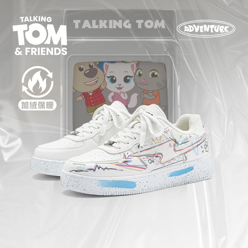 汤姆猫加绒涂鸦小白鞋情侣板鞋