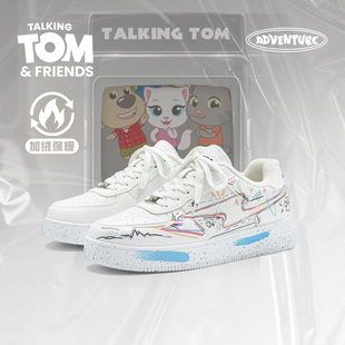 会说话的汤姆猫鞋子男鞋加绒板鞋2025新款冬季保暖棉鞋涂鸦小白鞋