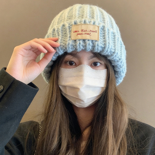 蓝色粗毛线帽子女秋冬季韩系氛围感显脸小护耳针织帽大头围冷帽