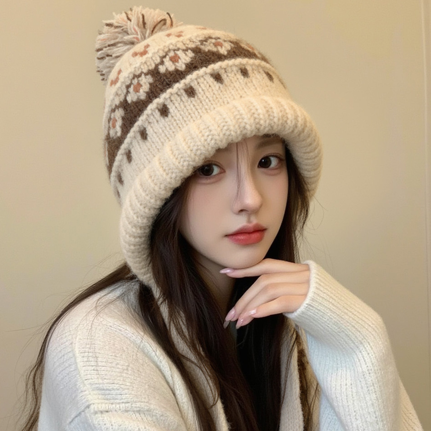 米白色费尔岛毛线帽子女2025新款冬加厚防寒护耳帽针织保暖雷锋帽