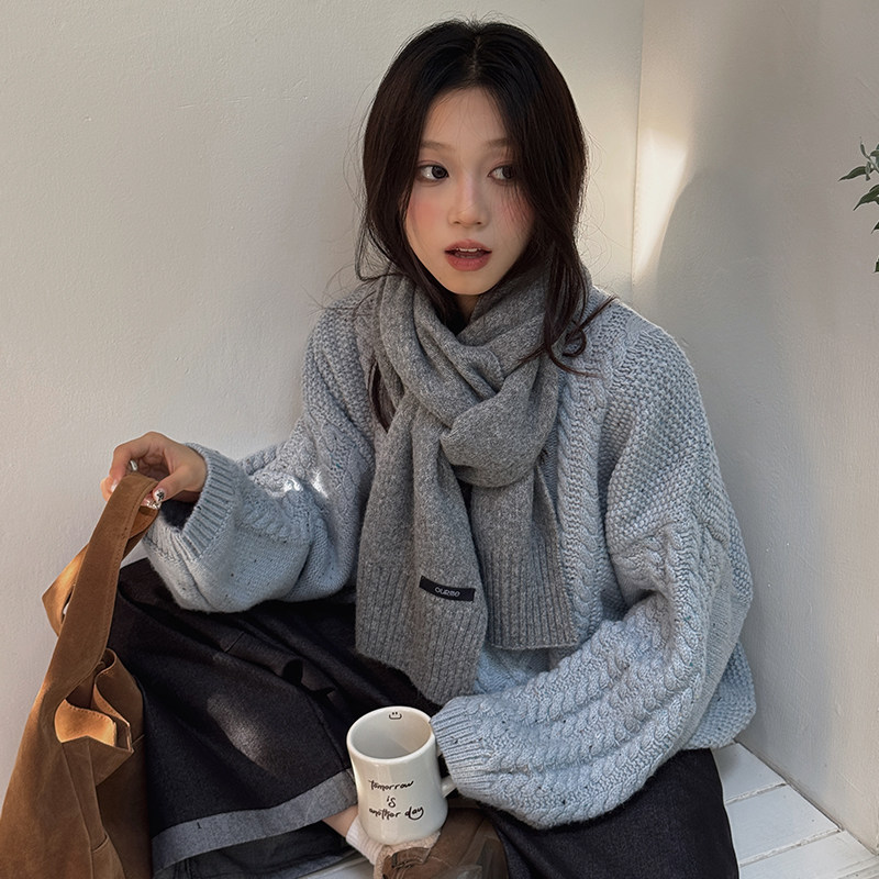 韩系氛围感灰色羊毛围巾女秋冬季2025新款高级感针织保暖护颈围脖