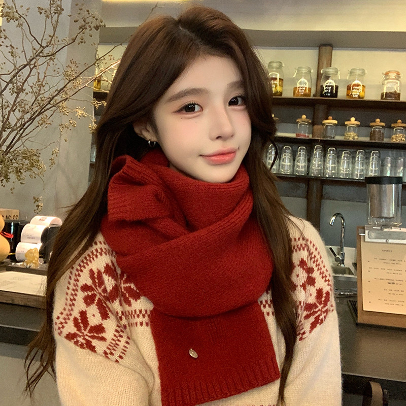 新年圣诞红色围巾女冬季2025新款韩系高级感纯色羊毛加厚保暖围脖
