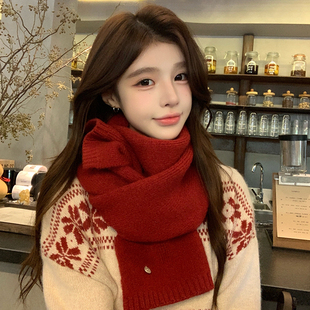 新年红色围巾女冬季2025新款韩系高级感纯色羊毛加厚保暖防寒围脖