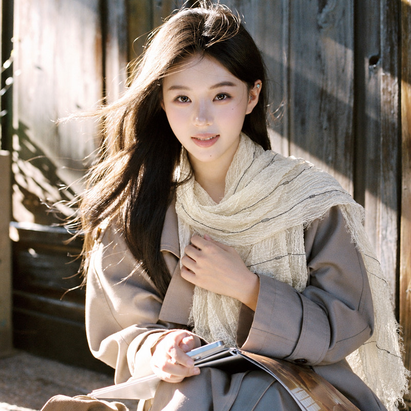韩系褶皱纯色长条丝巾女士薄款