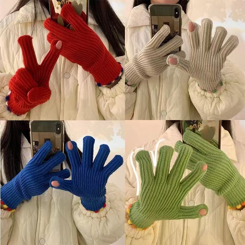 ins糖豆毛线针织手套女冬季纯色加绒露指可触屏保暖防风骑行五指