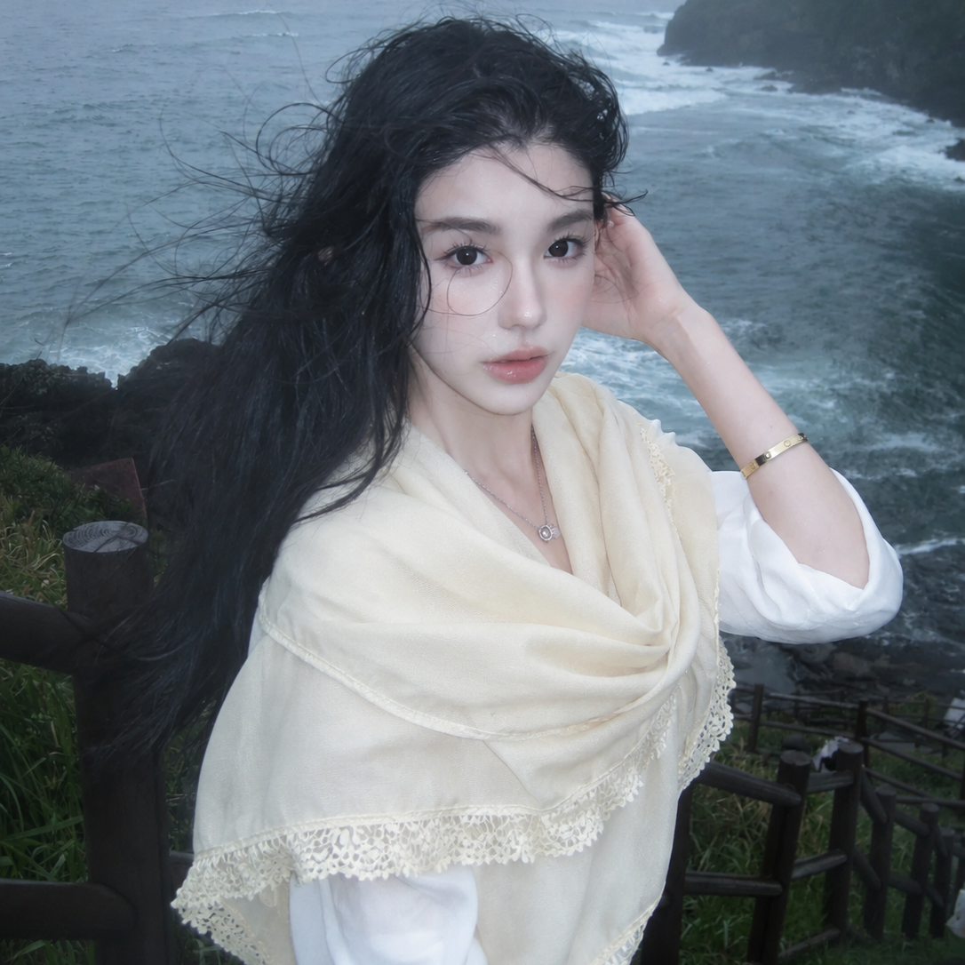 云南海边旅游米白色棉麻披肩女