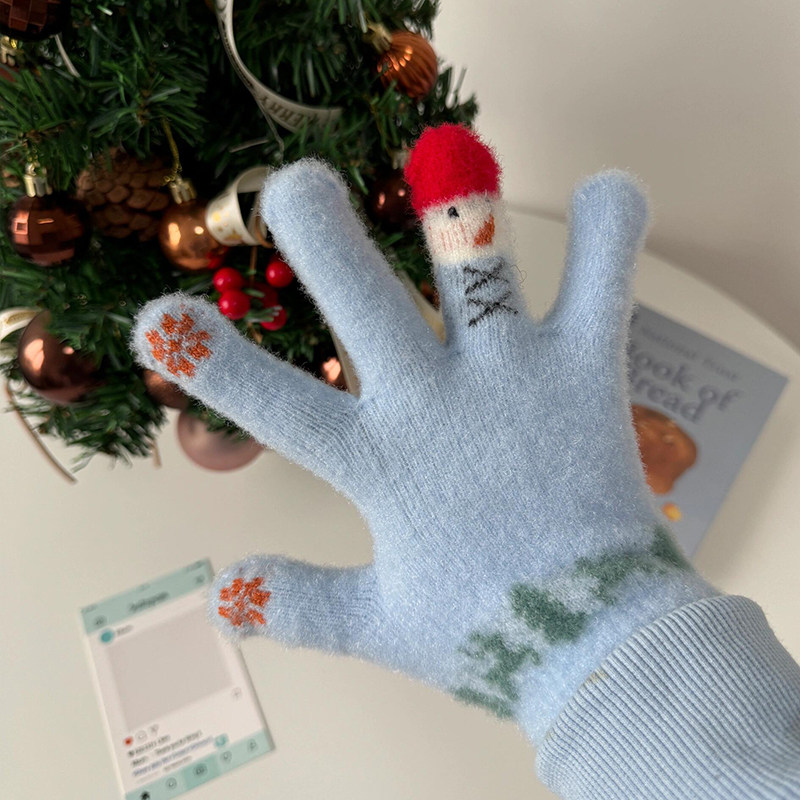 小雪人蓝色手套女生冬可爱氛围感毛绒加厚保暖学生骑车防寒可触屏