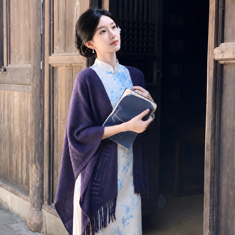 藏青色旗袍披肩女外搭夏季薄款防晒复古文艺针织流苏披风斗篷开衫