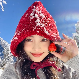 新年红色可爱毛绒帽子女冬季保暖小红帽防寒保暖包头帽可爱护耳帽