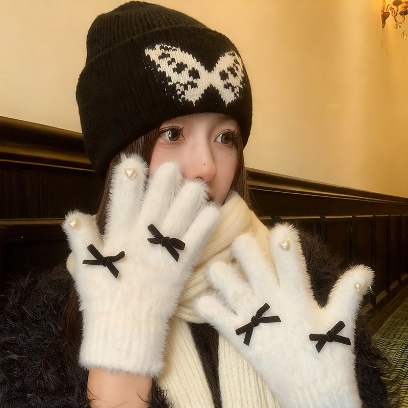 可爱白色毛绒分指手套女冬季骑车加厚保暖防寒自行车骑行防风护套