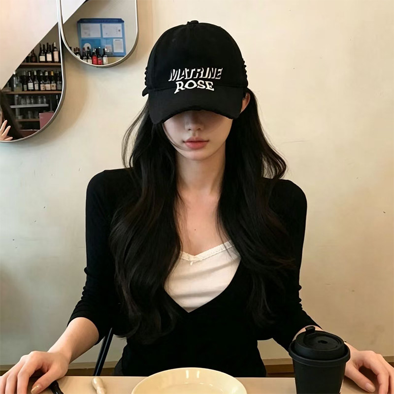 韩系黑色鸭舌帽子女款显脸小大帽檐超好看软顶刺绣字母棒球帽男