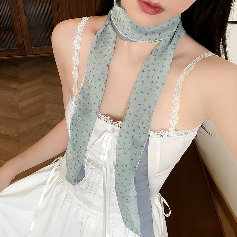 韩系薄荷绿色碎花丝巾女夏季轻薄长条小飘带丝巾脖子丝带搭配纱巾