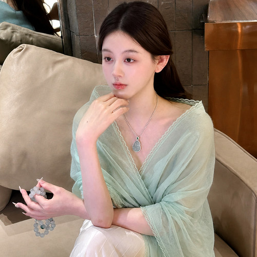 清冷感薄荷绿蕾丝棉麻披肩女外搭