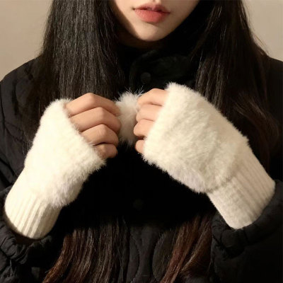 白色半指毛绒手套女生冬毛茸茸针织保暖加绒露指学生写字半截手套