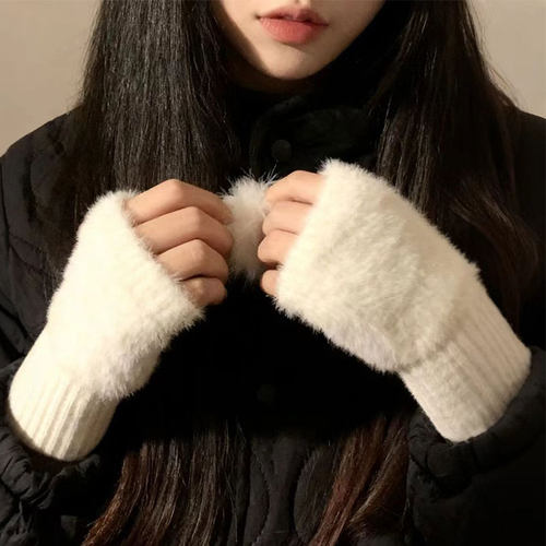 白色半指毛绒手套女生冬毛茸茸针织保暖加绒露指学生写字半截手套