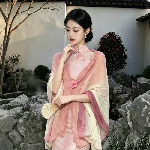 新中式粉色旗袍披肩防晒女外搭