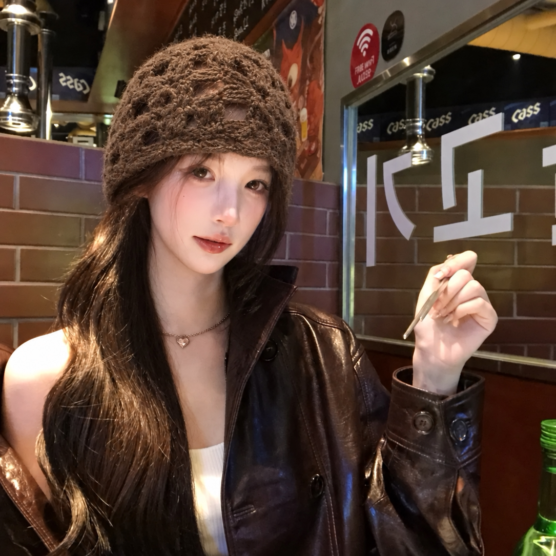 手工钩花镂空针织包头帽子女