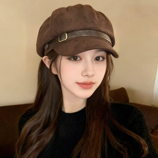 复古麂皮绒贝雷帽女冬季洋气棕色鸭舌帽显脸小八角帽子保暖画家帽