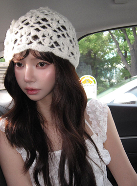 白色针织帽女2025年镂空钩花包头帽韩系立体花朵冷帽显脸小毛线帽