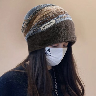 帽子女士冬季新款冷帽大头围堆堆帽毛绒复古针织帽保暖防寒毛线帽
