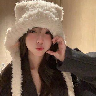 可爱毛绒绒白色小熊耳朵帽子女冬季 大头围保暖护耳雷锋帽 2025新款