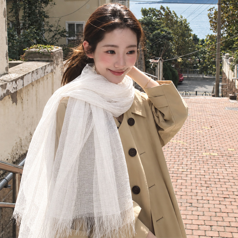 文艺感白色长条丝巾女2026新款