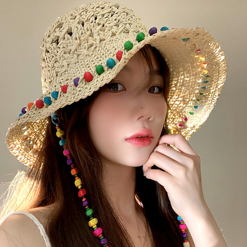 彩色木珠草帽女大帽檐2026新款草编渔夫帽可折叠海边遮阳防晒帽夏
