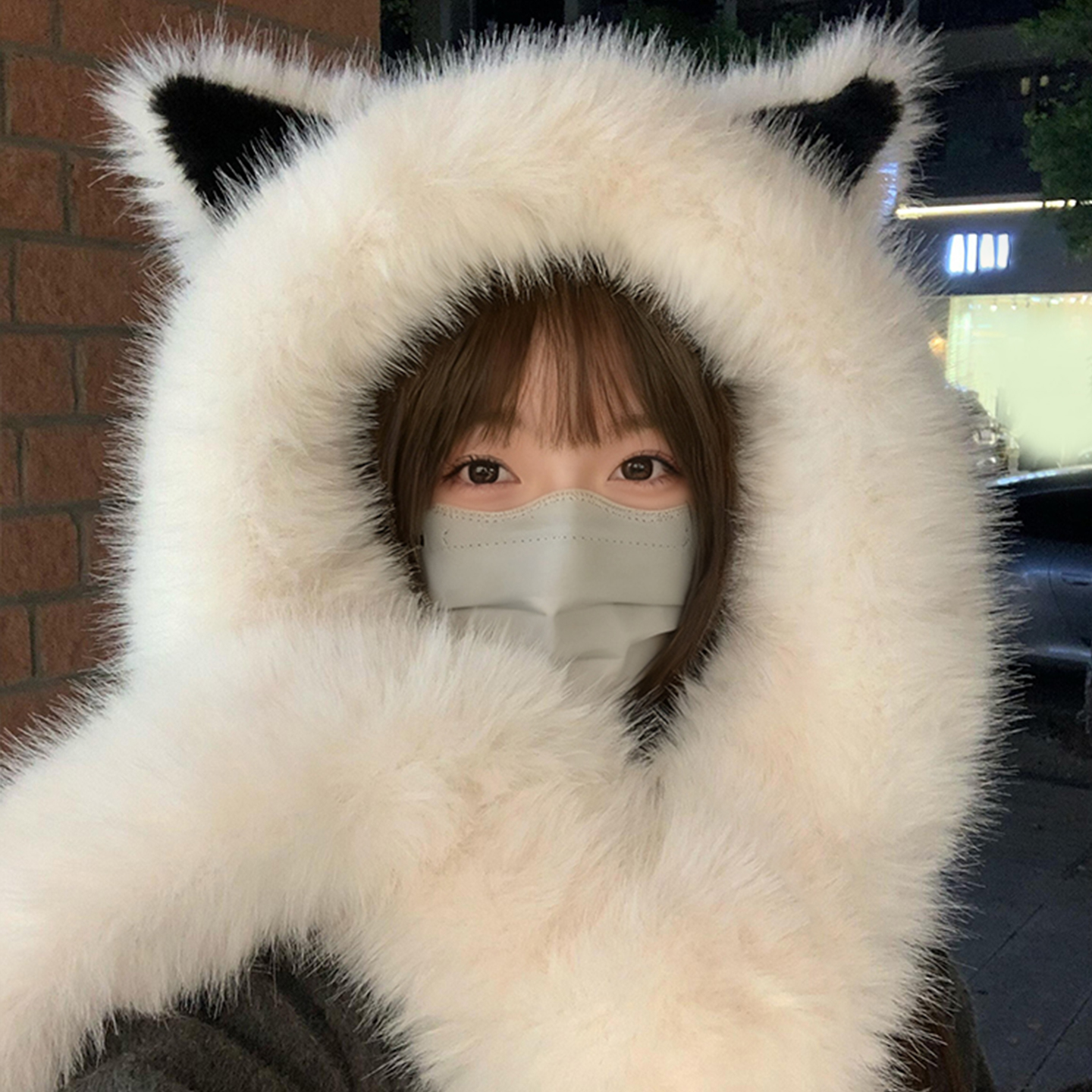 加厚冬围巾一体狐狸耳朵毛绒帽子