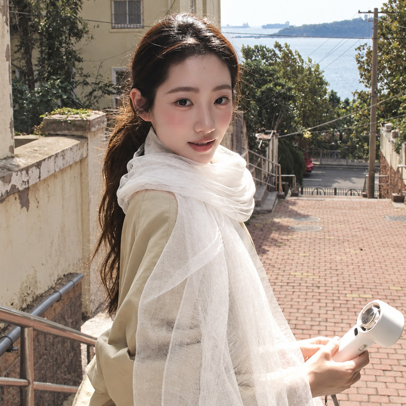 文艺感白色长条丝巾女2026新款