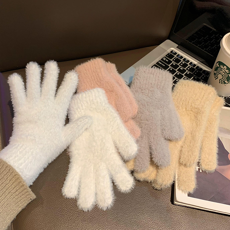 纯色仿马海毛绒手套女冬季
