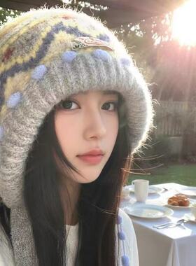 费尔岛复古针织帽子女款2026新款冬显脸小加厚保暖防寒护耳毛线帽