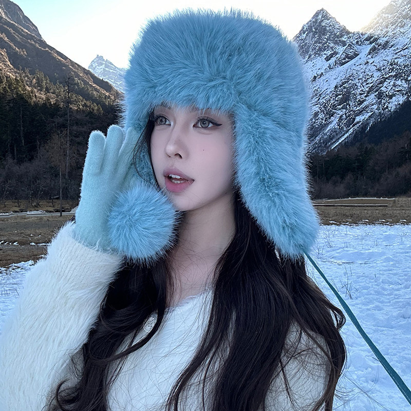 长白山雪景氛围感蓝色毛毛雷锋帽