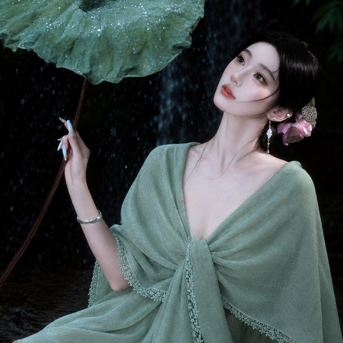 清冷感绿色棉麻防晒披肩女外搭