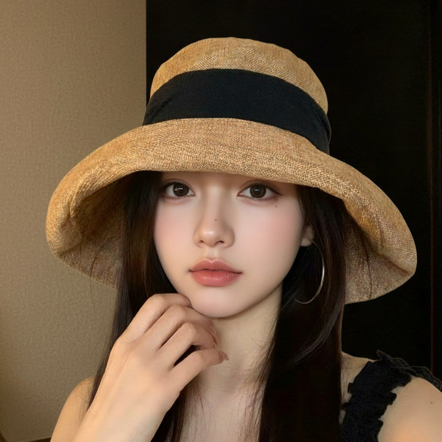 日系亚麻大帽檐渔夫帽子女2026新款夏季巨好看的防晒帽透气遮阳帽