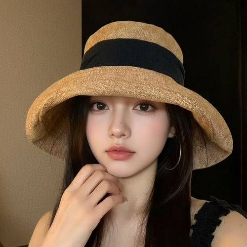【断码清仓】日系亚麻大帽檐渔夫帽子女夏季巨好看的防晒帽遮阳帽