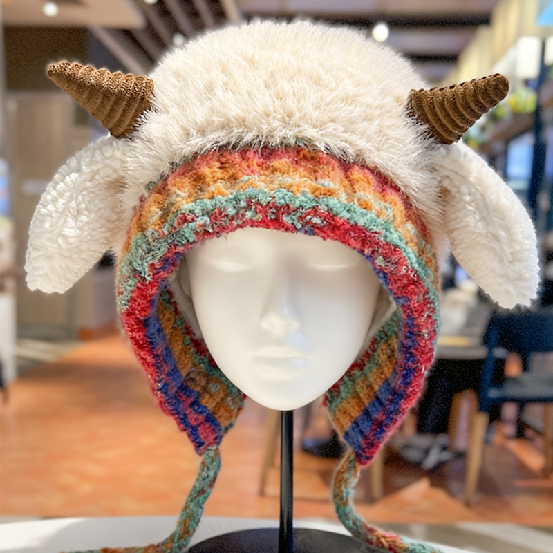 可爱小羊耳朵加厚毛绒帽子女冬季