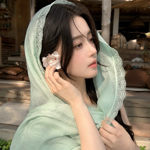 韩系薄荷绿蕾丝边丝巾女系脖
