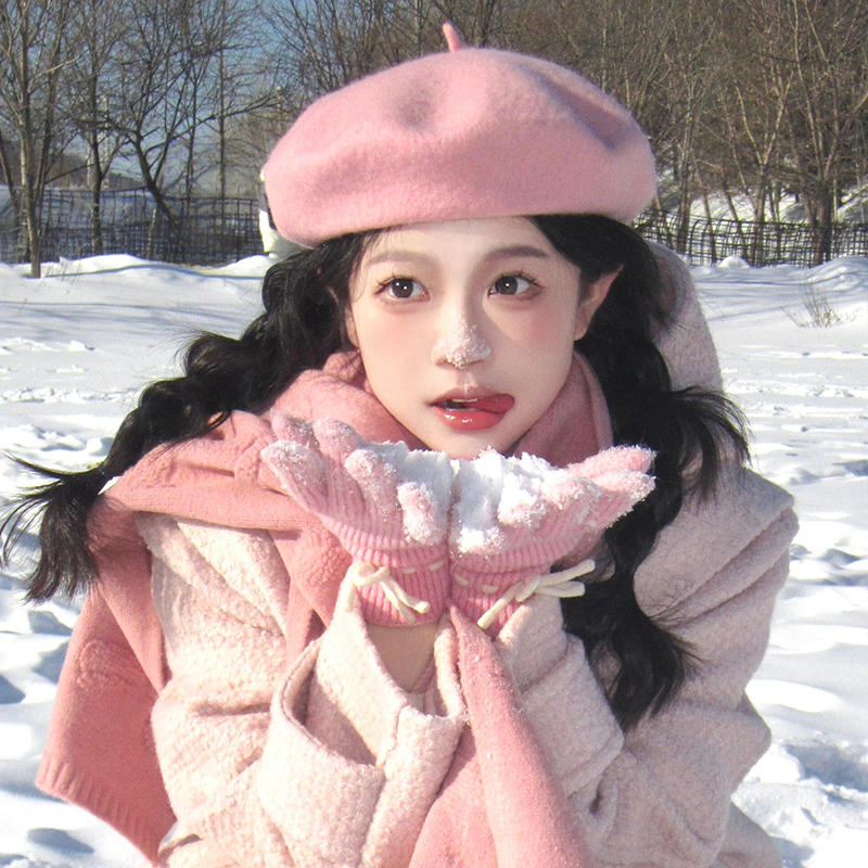 甜美可爱粉色羊毛贝雷帽
